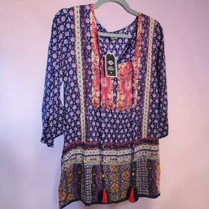 Bohemian Navy Floral Tunic with Pink Accent